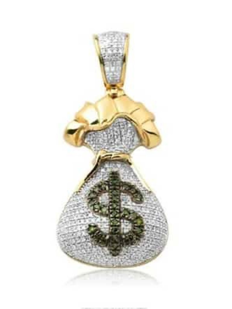 1.2 Inch Money Bag Diamond Pendant With Green Zircon Dollar Sign Hip Hop Jewelry 