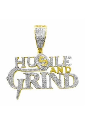 Hustle And Grind Hip Hop Letter Diamond Pendant , 1.5 x 2 Inch